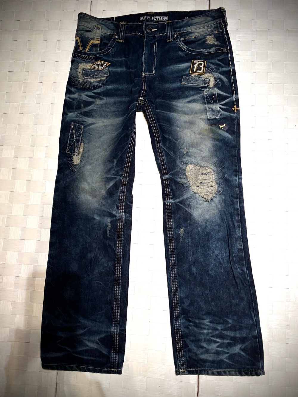 Affliction Men's Distressed Jeans with Accent Patches & Unique Design   Size 38